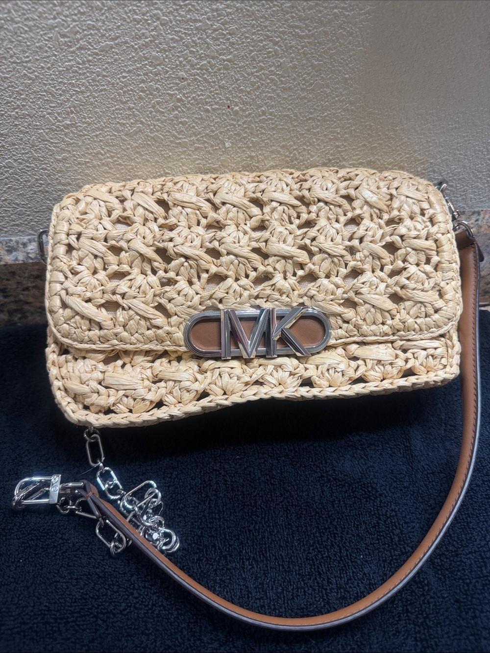 Michael Kors Straw Woven Crossbody in Beige with Silver MK Hardware